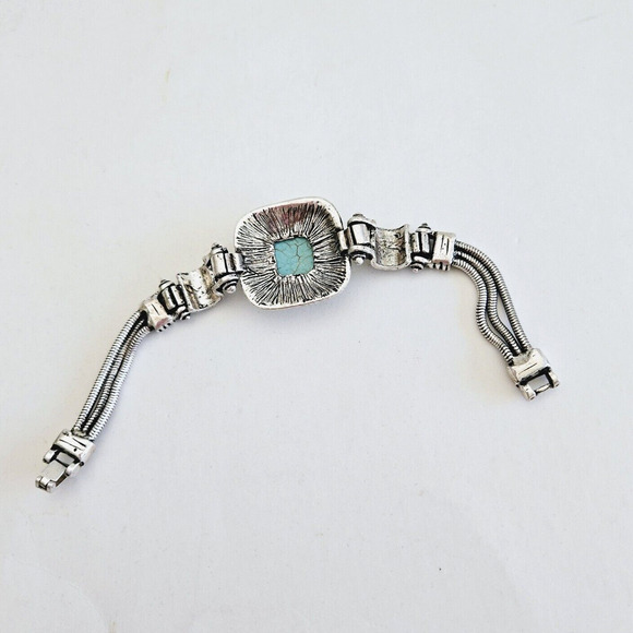 Faux Turquoise Chunky Bracelet Blue Silvertone Southwestern Aztec Boho Geometric - Picture 6 of 8